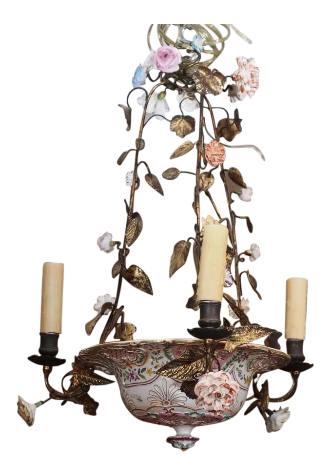 Antique French Porcelain Chandelier: A hand painted and gilded porcelain bowl with flowers and miniature insects. The 3 iron swags are covered with colorful and delicate porcelain flowers and gilded tole leaves. Marking inside bowl: