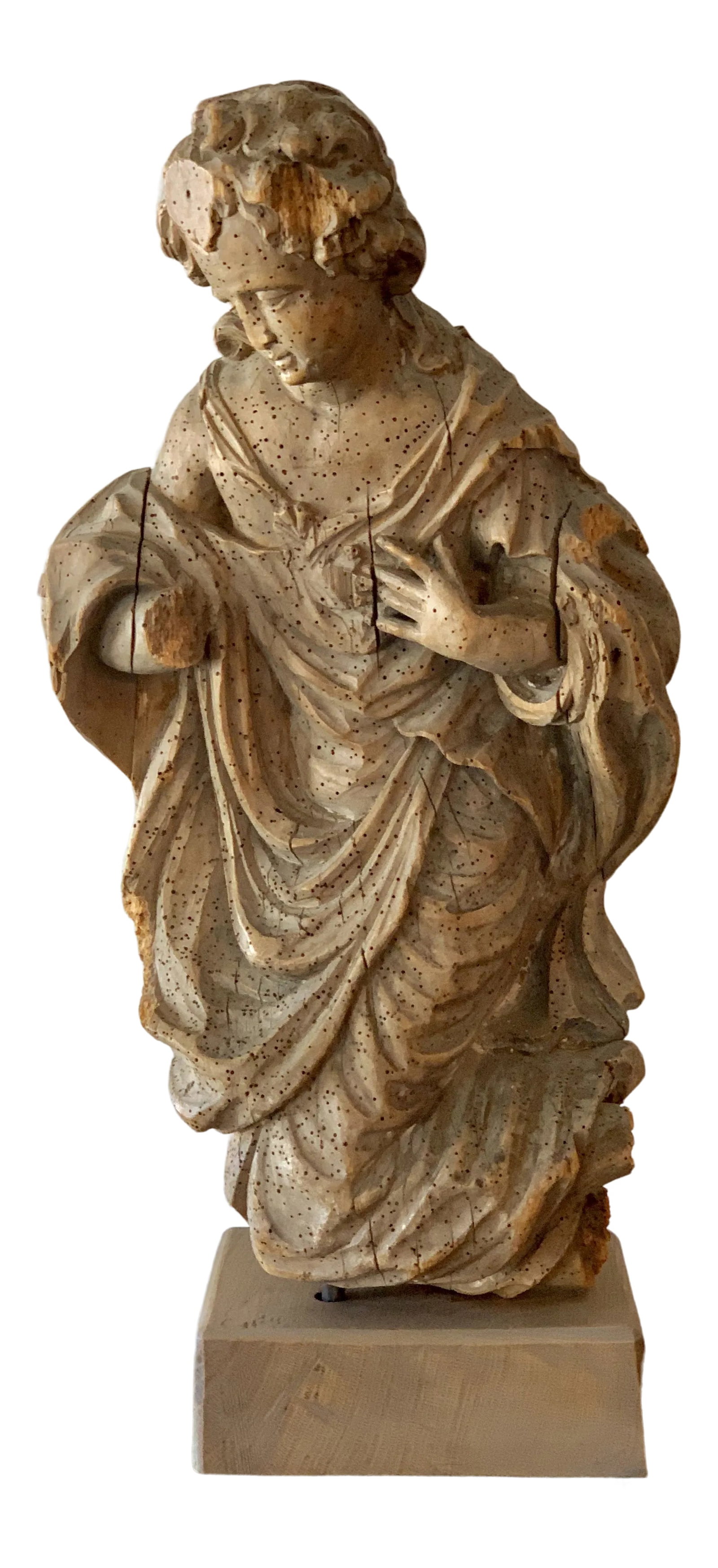 Antique Carved Architectural Figure: Antique carved architectural figure possibly from a church. This interesting piece is wonderfully constructed and maintained. Sits on artisan-made block pedestal clearly added later. A definite