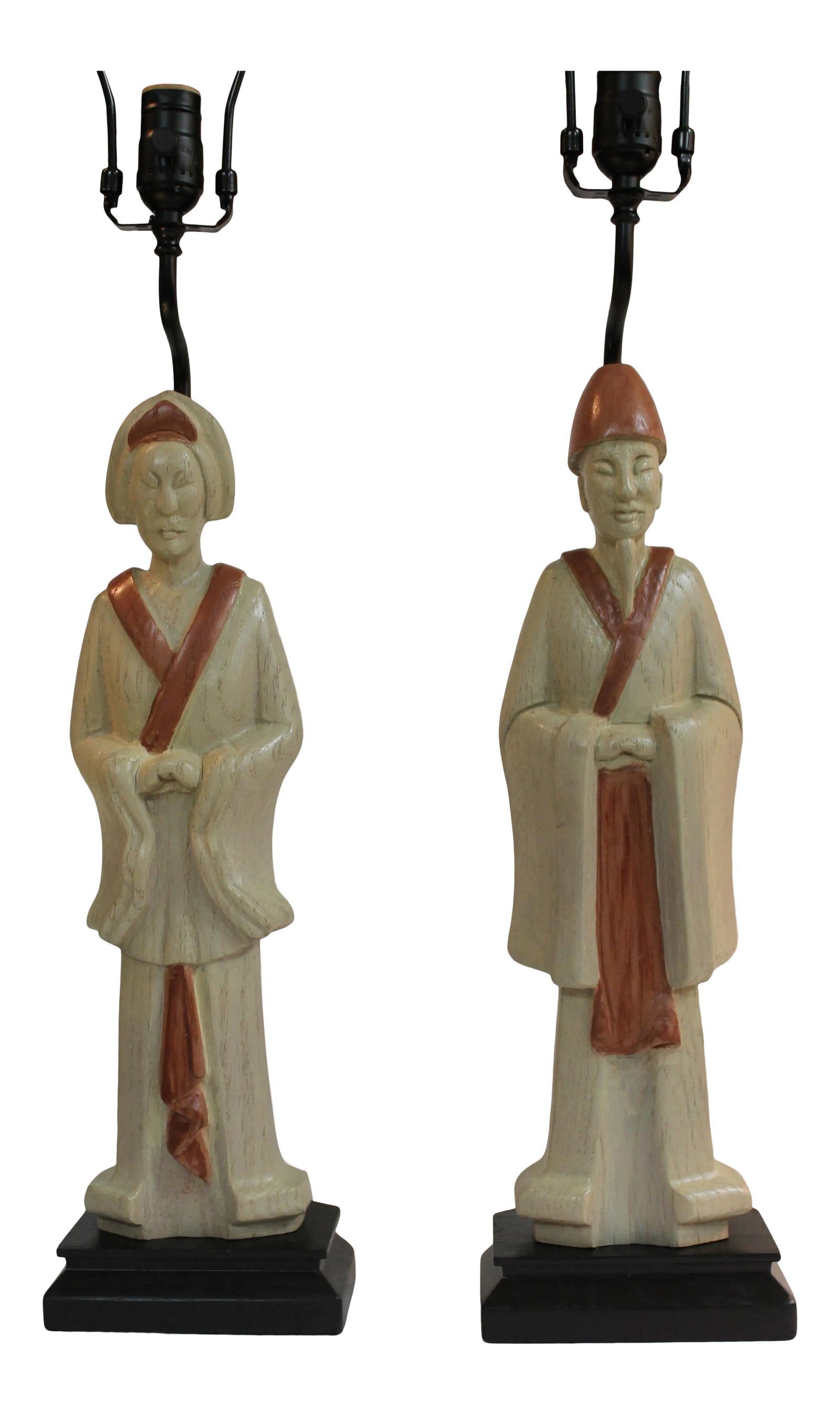 Wood Asian Lamps - a Pair: Pair of wood Asian lamps. Wood has been refinished highlighting the robes and head dress. They measure 23" high from base to the bottom of socket. Base is 6.25" wide, 4.75" deep and 1.75" high. Wood