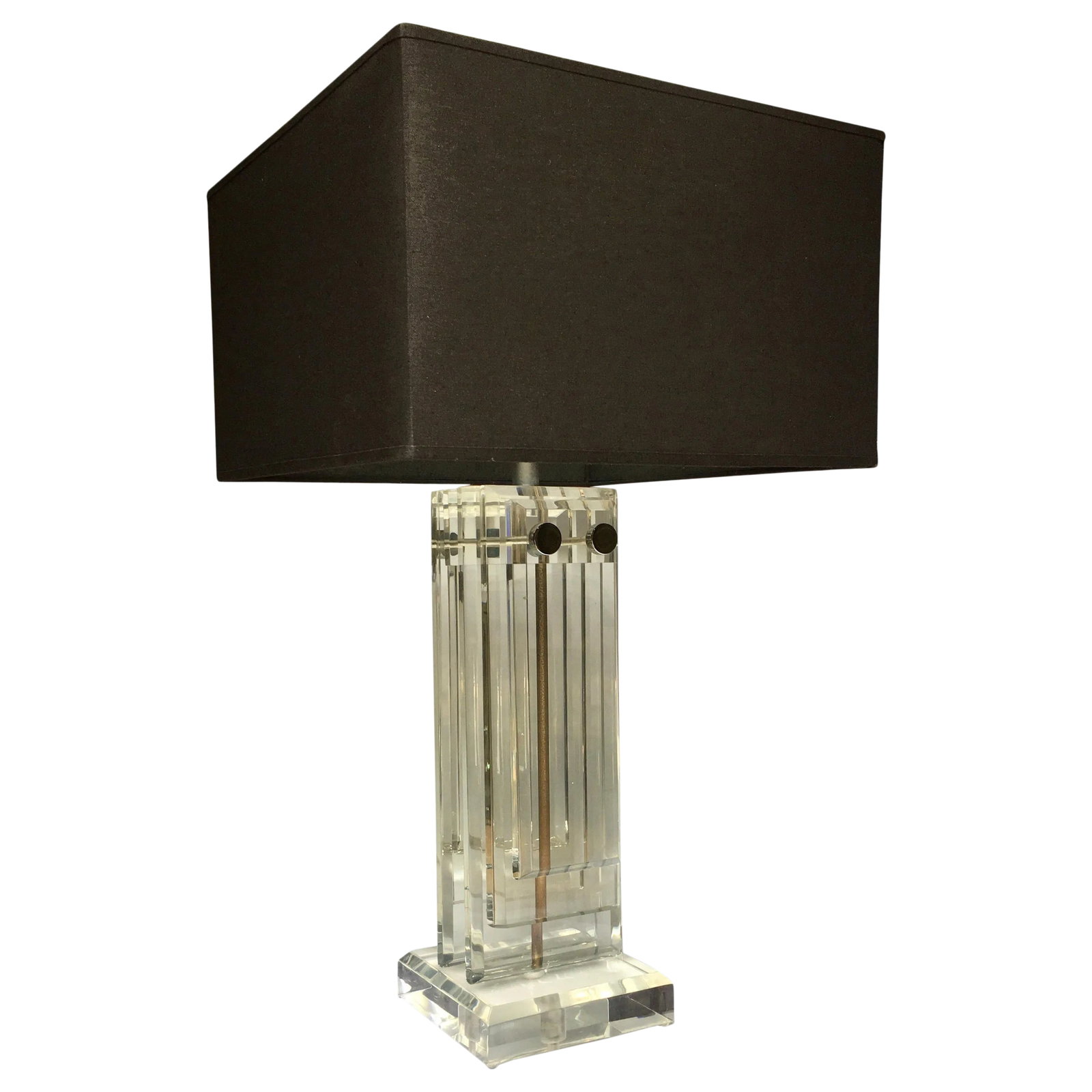 Mid-Century Modern Lucite Skyscraper Table Lamp: Large Hollywood Regency style Lucite table lamp featuring thick heavy stacked clear Lucite panels held together with tubular chrome rods. Lucite finial and harp included. Lamp shade not included. 30