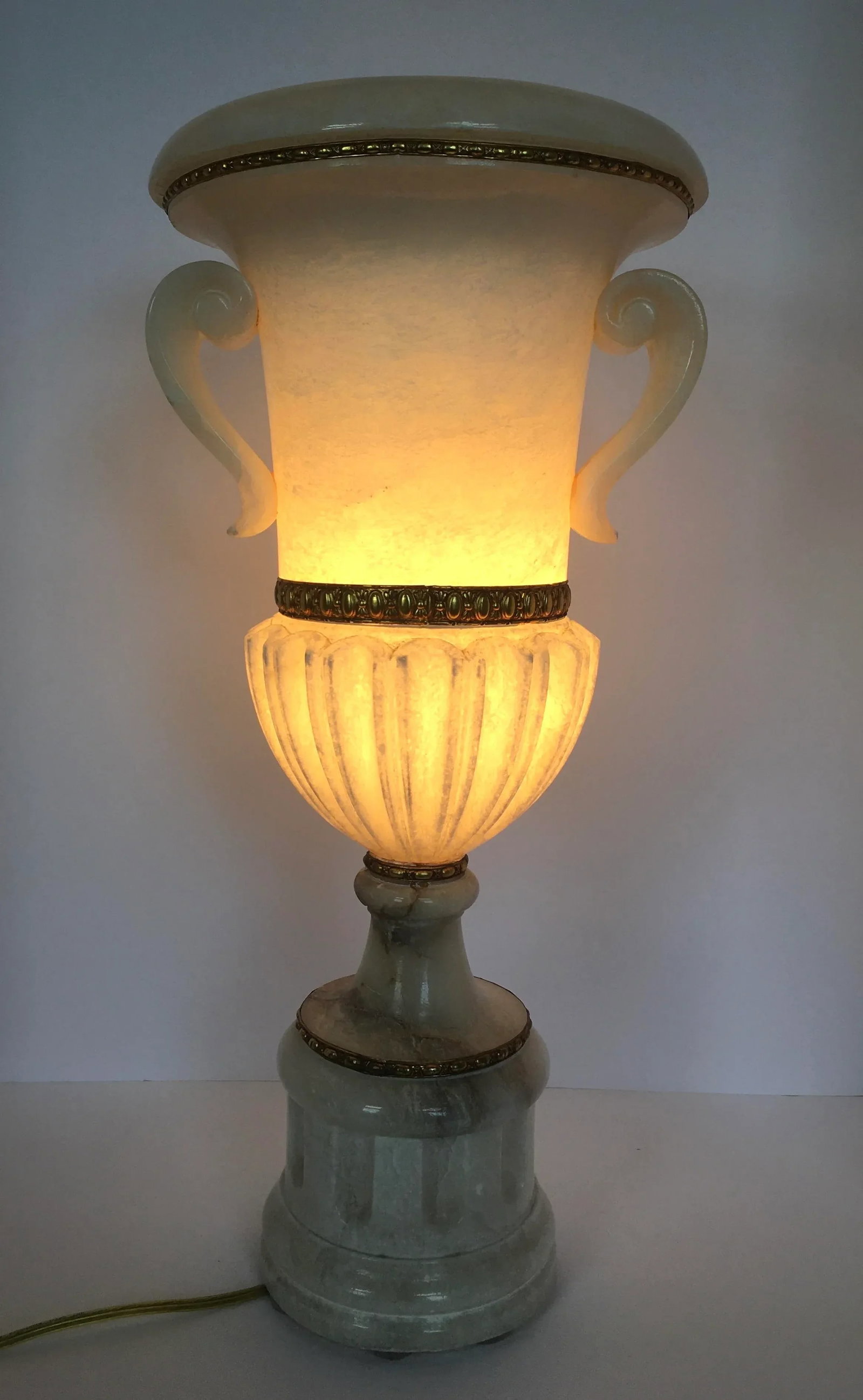 Vintage Tall Carved Alabaster Marble and Bronze Urn Table Lamp - 11