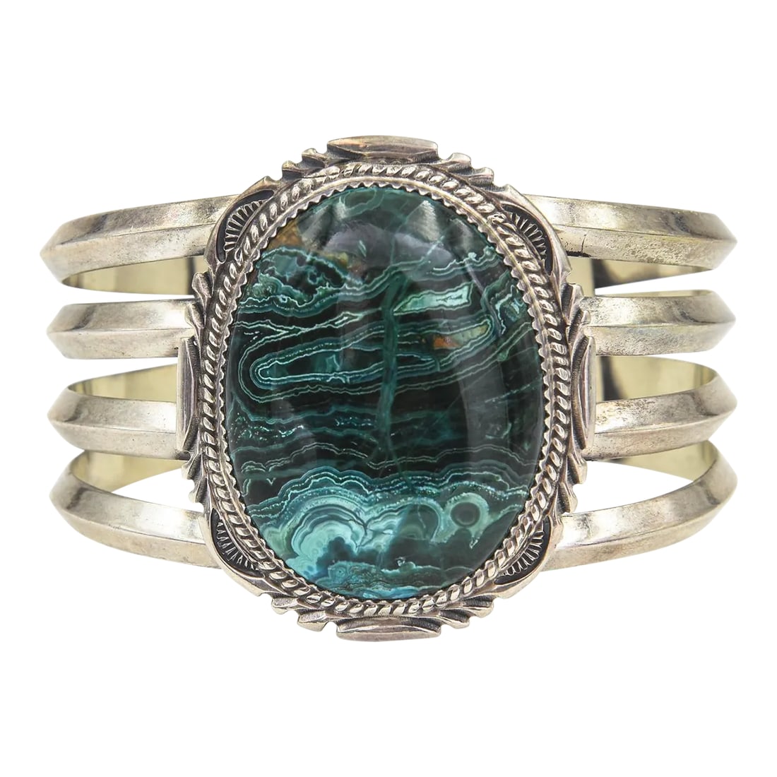 Late 20th Century Large Navajo Native American Sterling Silver and Malachite Cuff Bracelet by Begay (1 of 11)