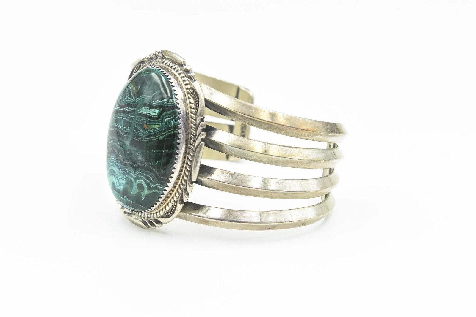 Late 20th Century Large Navajo Native American Sterling Silver and Malachite Cuff Bracelet by Begay - 4