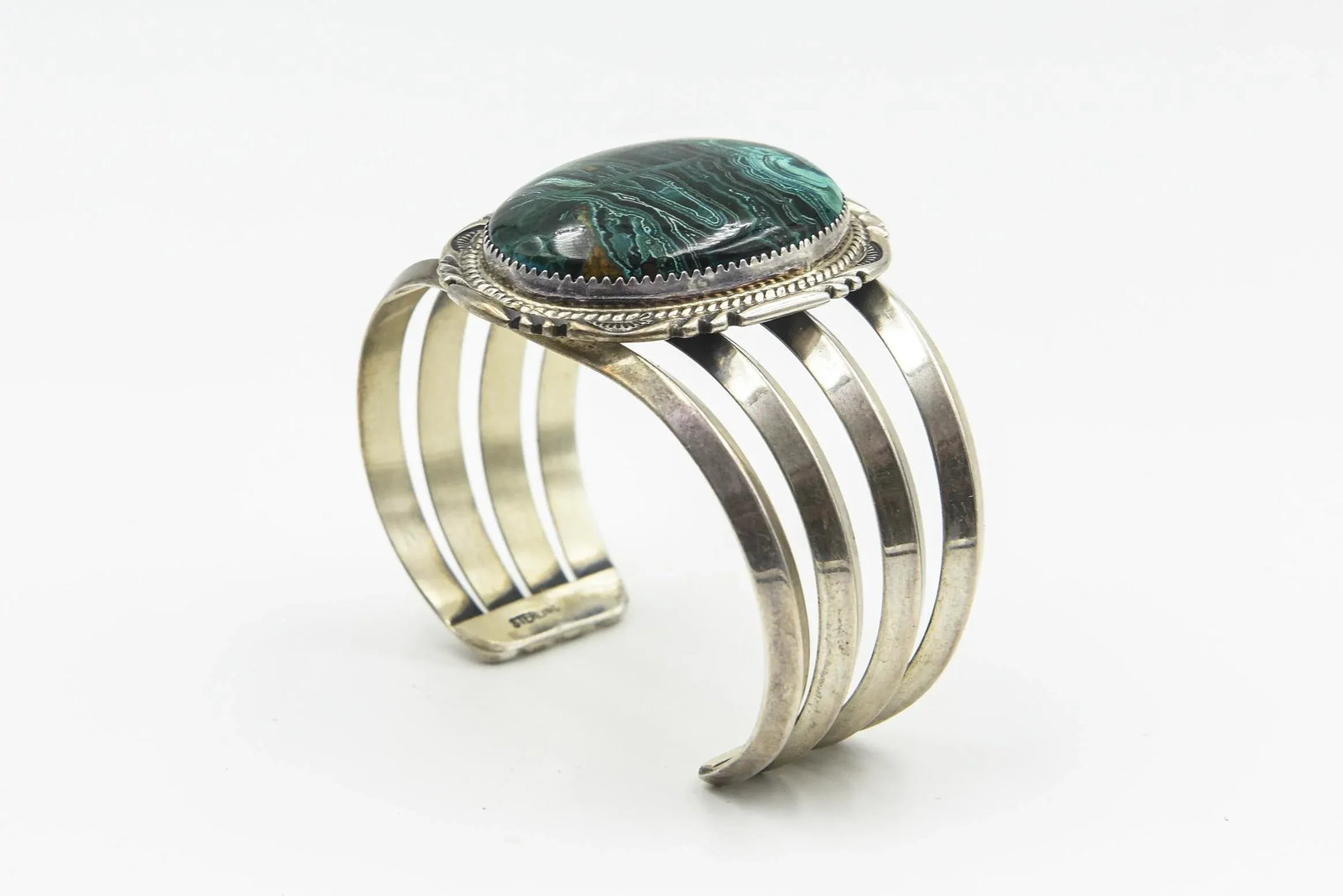 Late 20th Century Large Navajo Native American Sterling Silver and Malachite Cuff Bracelet by Begay - 9