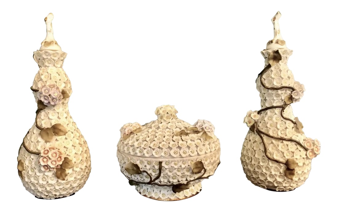 Meissen Style Schneeballen Snowball Dresser or Vanity Set - 3 Pieces: Schneeballen translates from German as 'snowball' and refers to the bulbous spheres that are a distinguishing feature of Schneeballen porcelain vases, the first of which was crafted in 1739 by famed