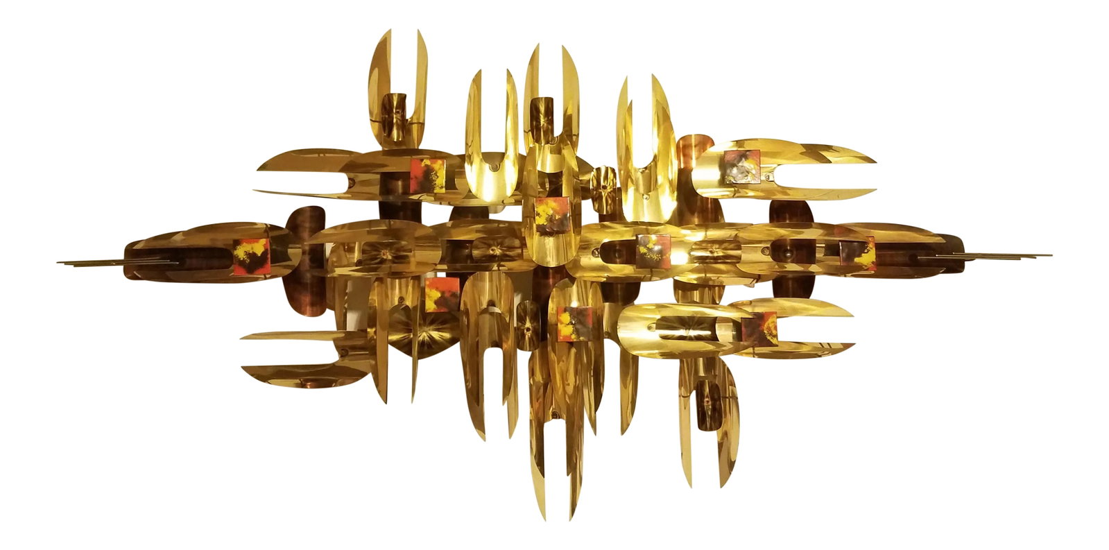 Mid Century Modern Brutalist Brass Copper Wall Sculpture Mid-Century Modern: This piece is stunning! Very nice example of Brutalist brass wall sculpture sure to add to any mid century decor. It is nice and full with pops of color. Condition: Alterations: Original Condition