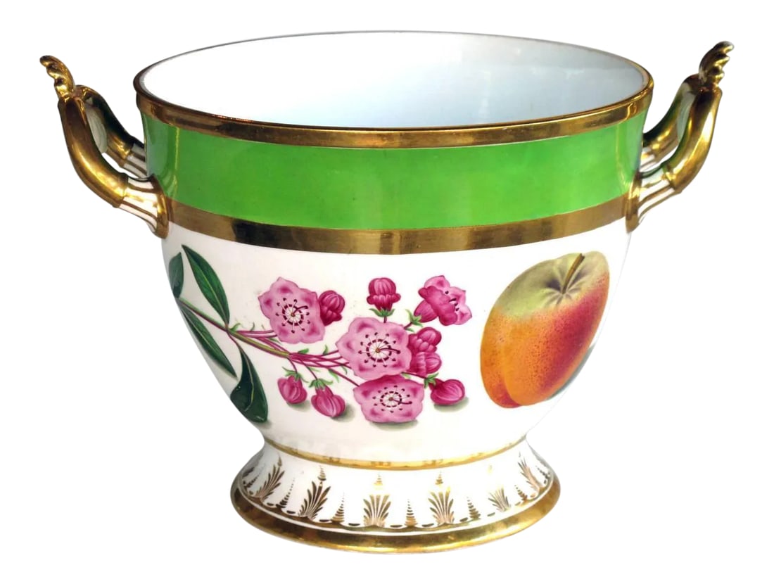 Paris Porcelain Polychromed Double-Handled Cache Pot/Jardiniere: A good quality Paris Porcelain polychromed double-handled cache pot/jardiniere; the cup-shaped bowl raised on a flared foot; with a hand-painted band of floral stems and fruit with gilt highlights Con