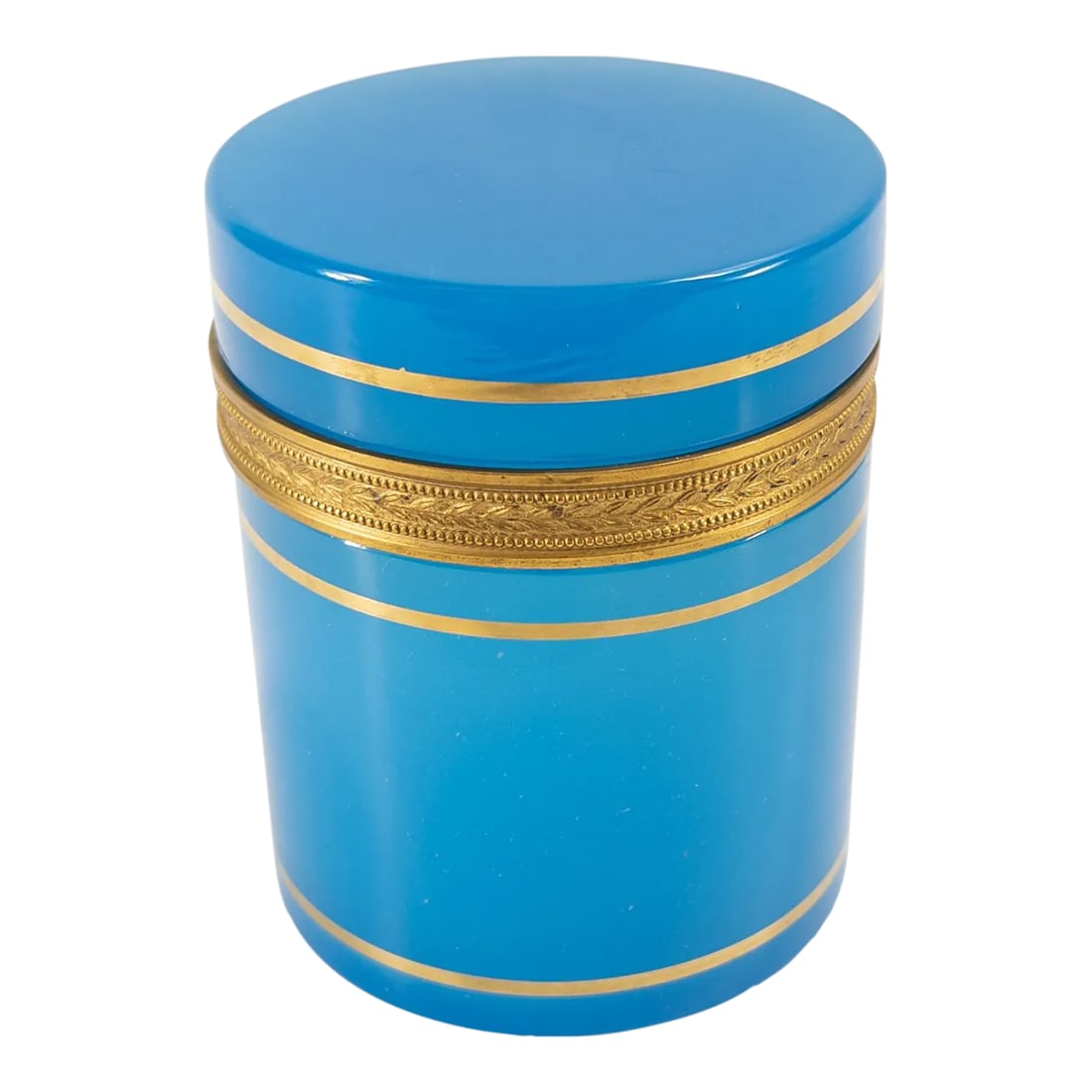 Early 20th Century French Electric Blue Opaline Glass Dresser Box: We are selling this stunning vibrant electric blue opaline glass box. This well made box has gilt bronze mounts and gilt bands, probably French Baccarat but is unmarked. Condition: There is a scratch