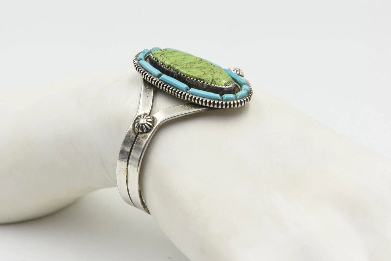 Vintage Navajo Native American Turquoise and Sterling Silver Cuff Bracelet by Tom David - 10