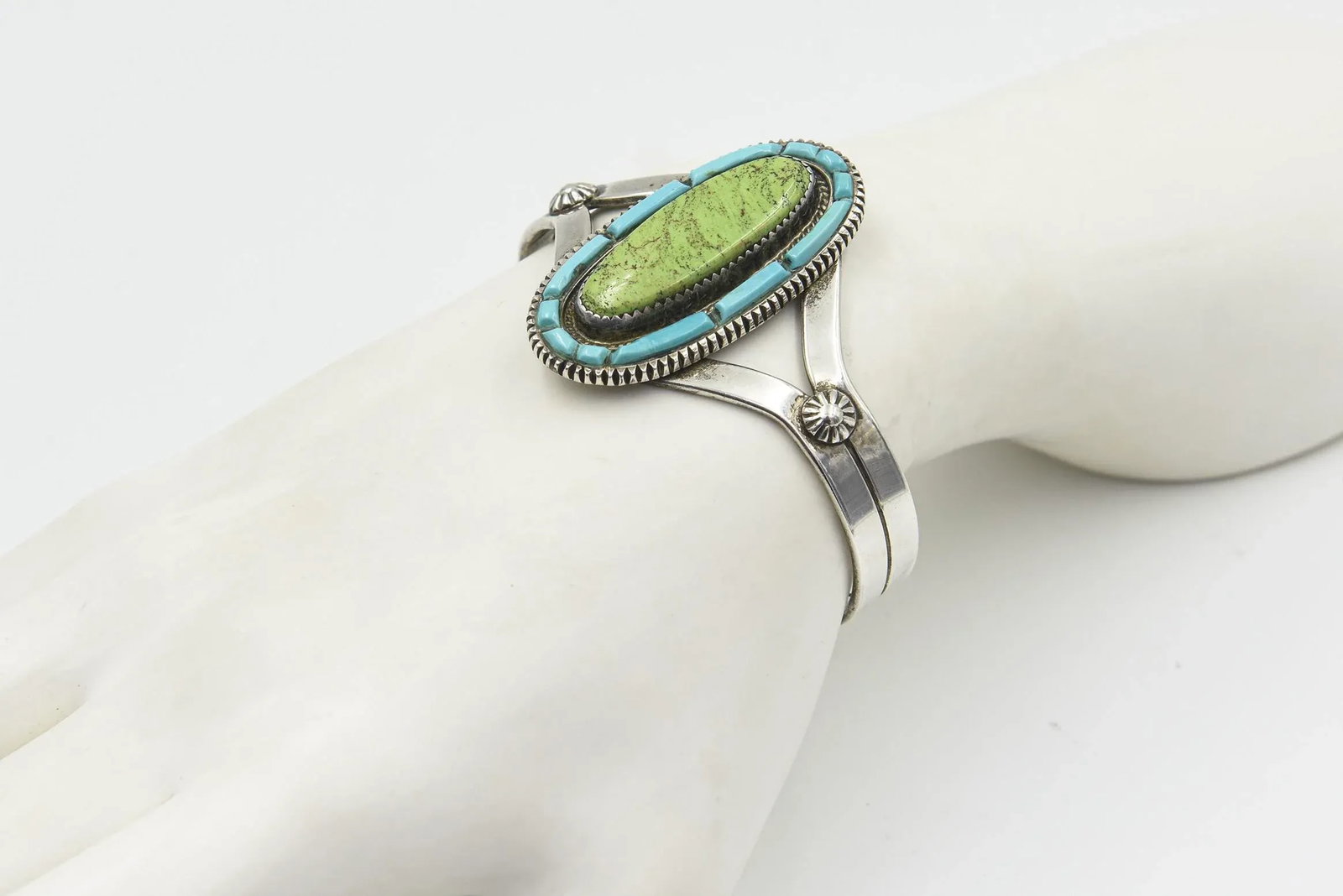Vintage Navajo Native American Turquoise and Sterling Silver Cuff Bracelet by Tom David - 2