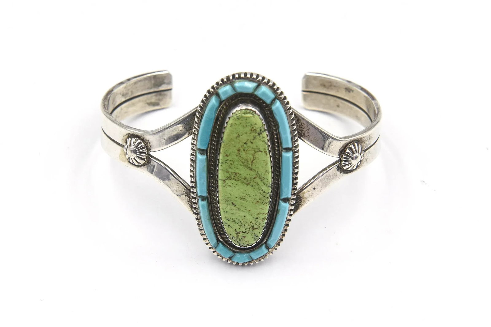 Vintage Navajo Native American Turquoise and Sterling Silver Cuff Bracelet by Tom David - 7