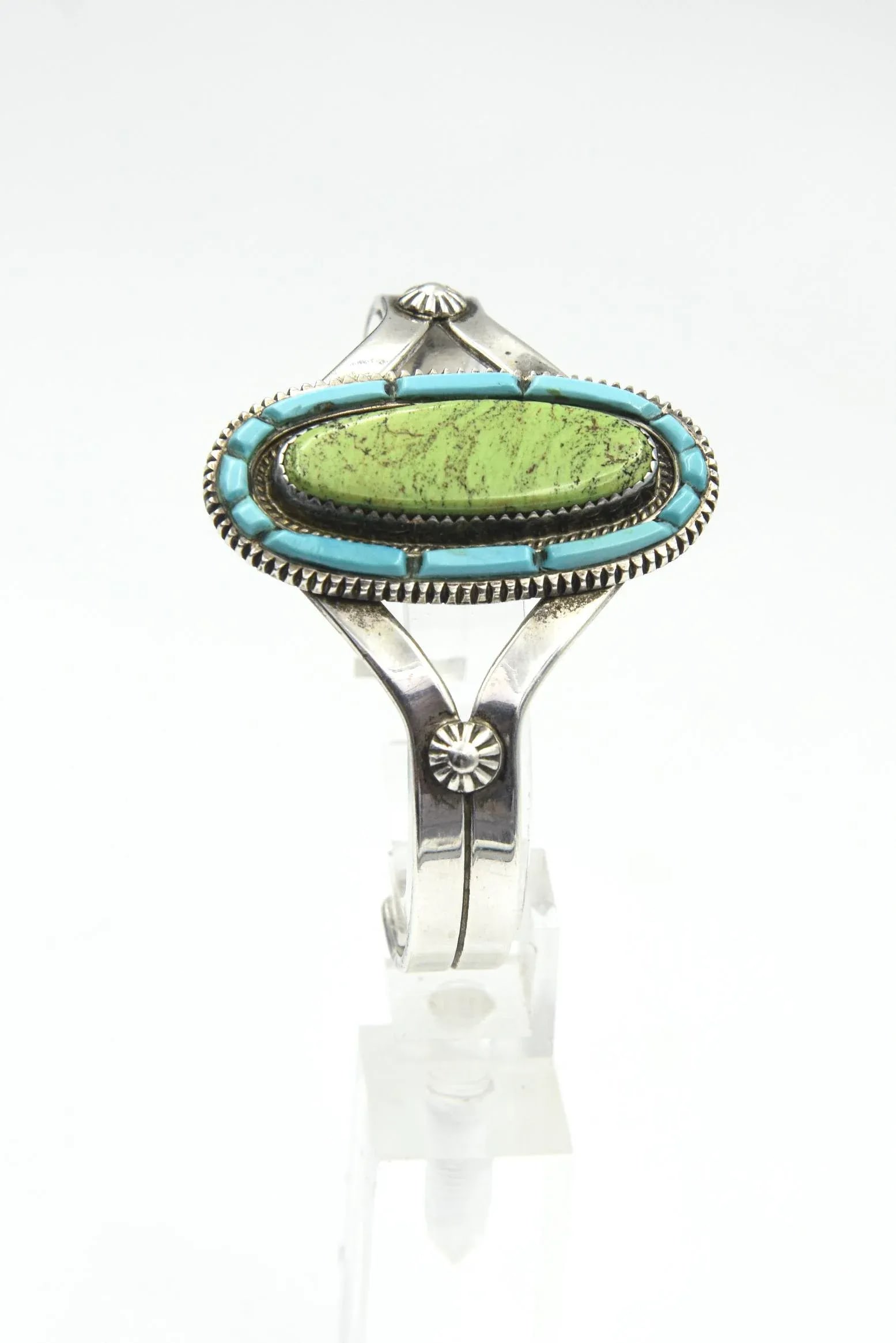 Vintage Navajo Native American Turquoise and Sterling Silver Cuff Bracelet by Tom David - 9