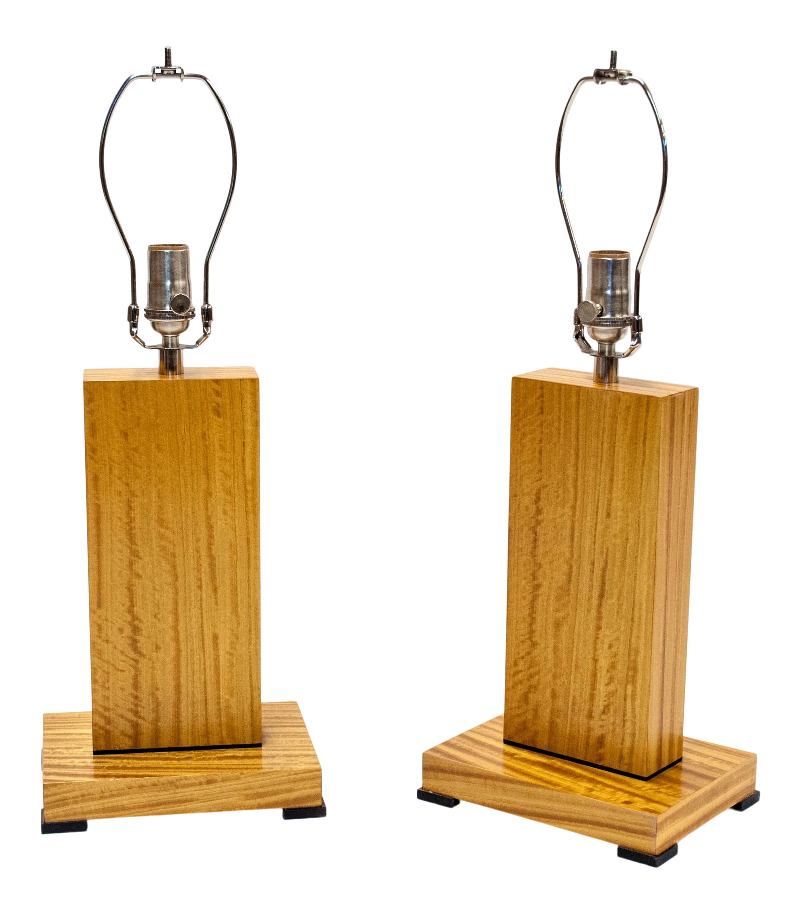 Figured Satinwood Table Lamps - a Pair: Pair of rare East Indian figured Satinwood table lamps with ebonized accents and nickel sockets. Lamp has an 8" harp. Lamp shade is not included in sale Condition: Imperfections: No Imperfections Cond