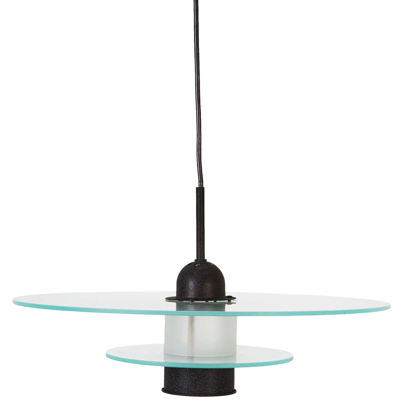 1980s Italian Modern Frosted Glass Pendant Light: 1980s modern saucer disc pendant hanging light with double glass discs and black housing. Dimensions: Diameter: 16 inches, (large glass) 8" (small glass), Housing" 6" Cord length: aprx. 4' Uses