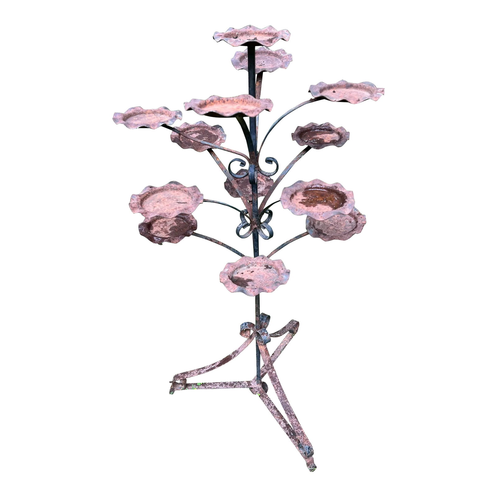 Vintage Wrought Iron Plant Stand: Rare Wrought Iron plant stand holding as many as 12 pots. Would make a great herb stand. Original paint and perfect for any indoor sunroom, solarium or outdoor space. * Pots not included. Condition: