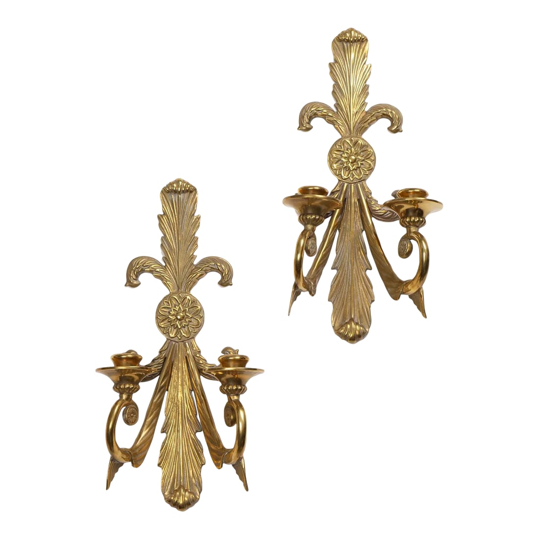Vintage Brass French Art Nouveau-Style Candle Sconces: Elegant pair of vintage brass candle sconces in French Art Nouveau style, circa 1960s-1970s. Crafted by Decorative Crafts Inc., each sconce features two arms to hold taper candles. Solid brass