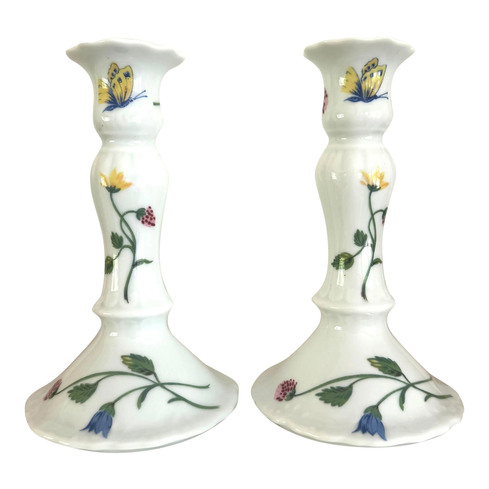 D Porthault Limoges Porcelain Hand Painted Candleholders: Porcelain Hand painted candle holders. Made for D Porthault by Limoges. Featuring flowers and butterflies. Condition: Alterations: Original Condition Unaltered Imperfections: Some Imperfections