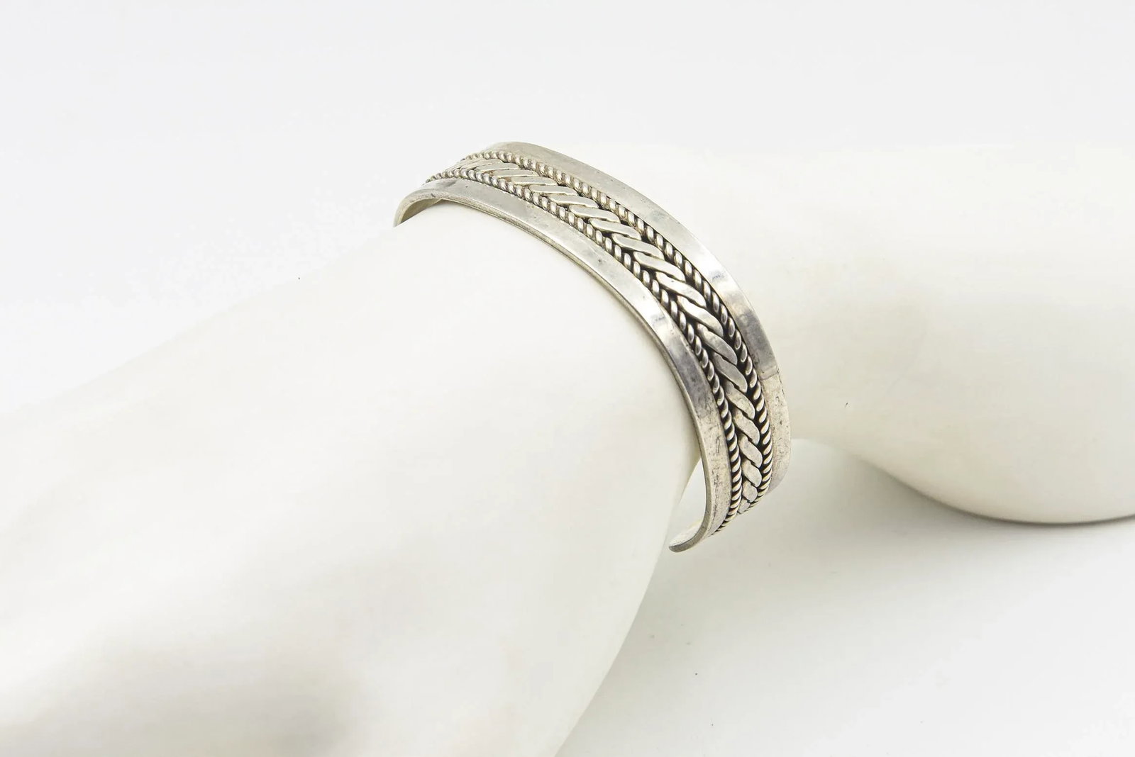 Native American Navajo Sterling Silver Rope & Bead Design Cuff Bracelet by Tom Hawk - 10