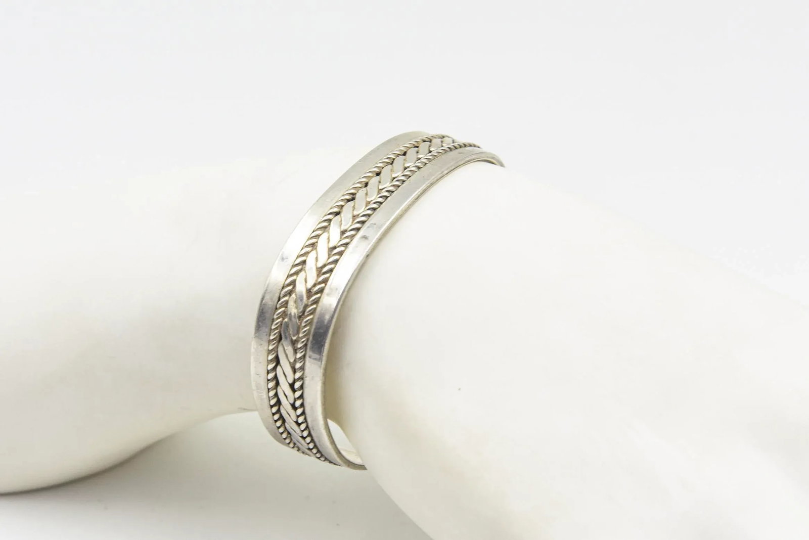 Native American Navajo Sterling Silver Rope & Bead Design Cuff Bracelet by Tom Hawk - 2