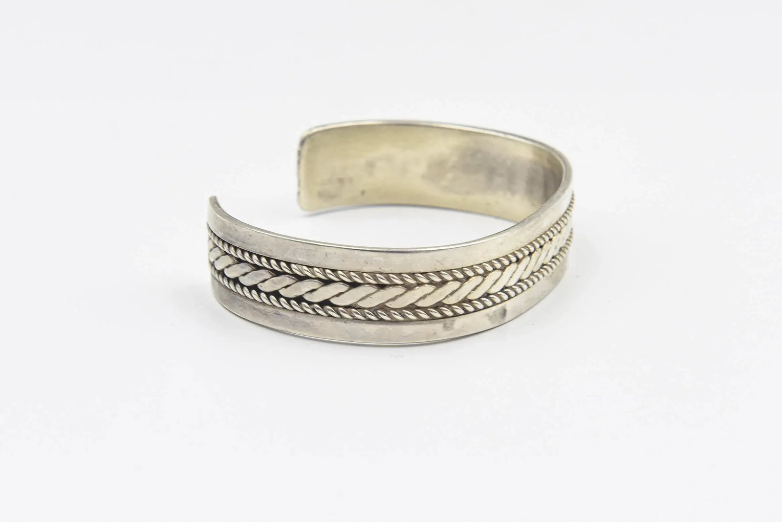 Native American Navajo Sterling Silver Rope & Bead Design Cuff Bracelet by Tom Hawk - 3