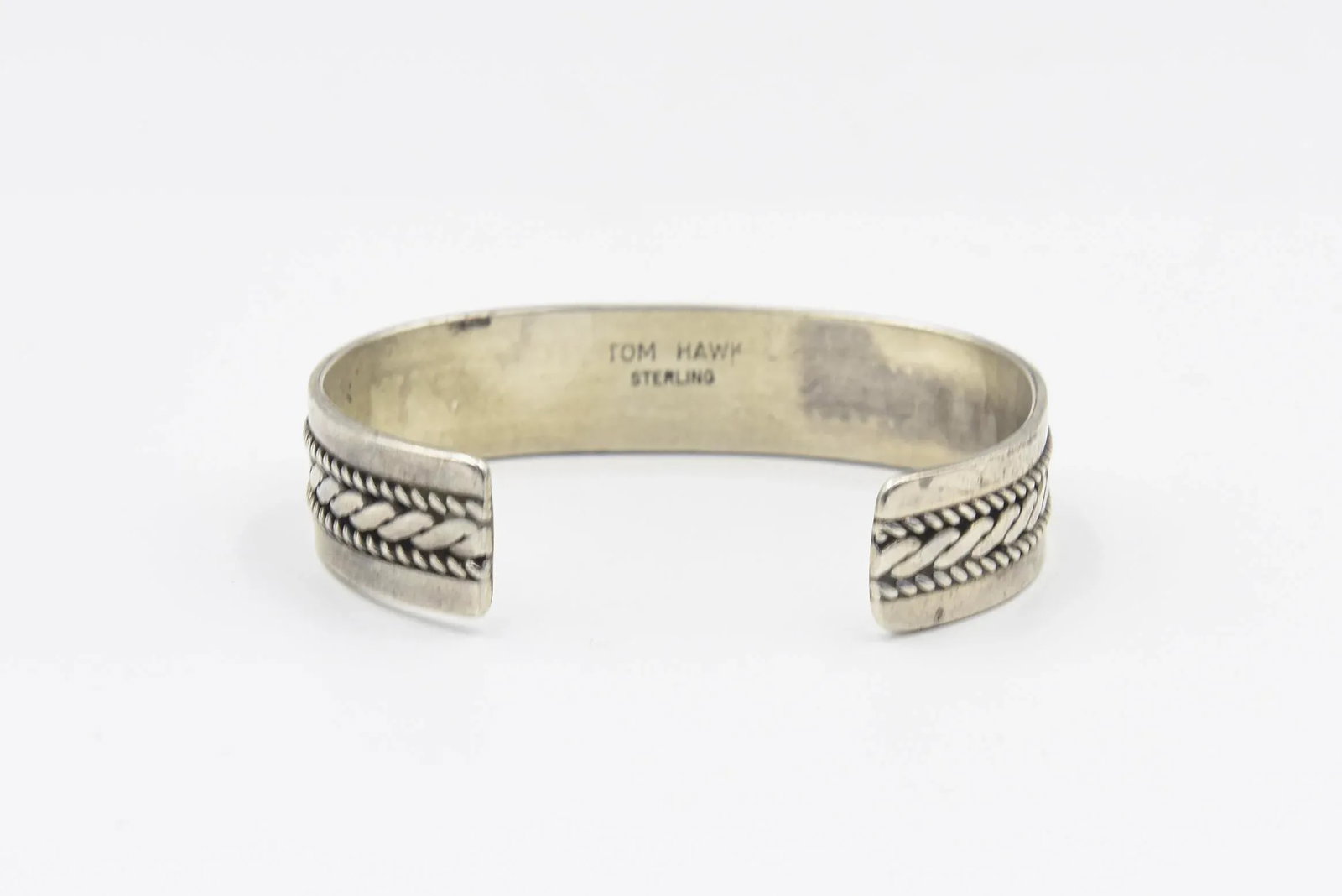 Native American Navajo Sterling Silver Rope & Bead Design Cuff Bracelet by Tom Hawk - 4