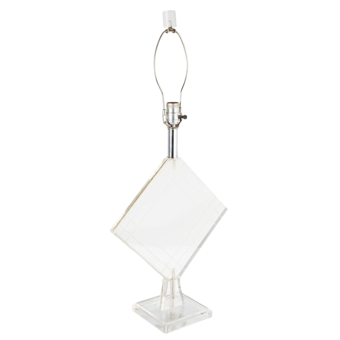 1970s Etched Geometric Lucite Table Lamp: Vintage mid century modern diamond shaped lucite table lamp. Lucite base and finial. CONDITION: Very good - vintage condition with light wear appropriate for the age. DIMENSIONS: Height (to top of
