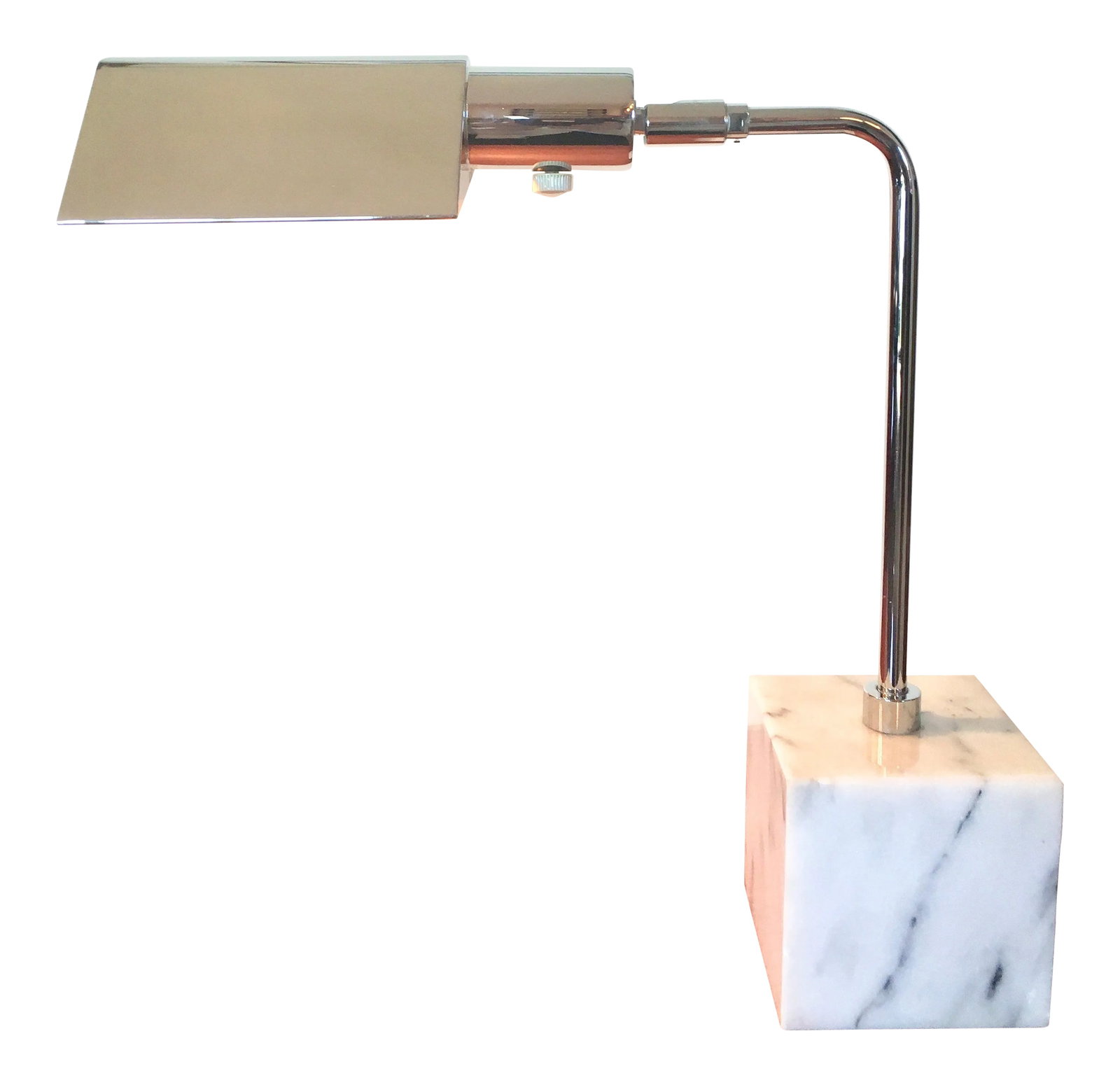 Vintage Koch & Lowy Carrara Marble and Chrome Desk Lamp: Elegant marble and chrome desk lamp by Koch Lowy with swivel light shade. Operates with a knob on the light socket. DIMENSIONS: Height (at top of L): 16 inches; Marble base: 4.5 inches square and