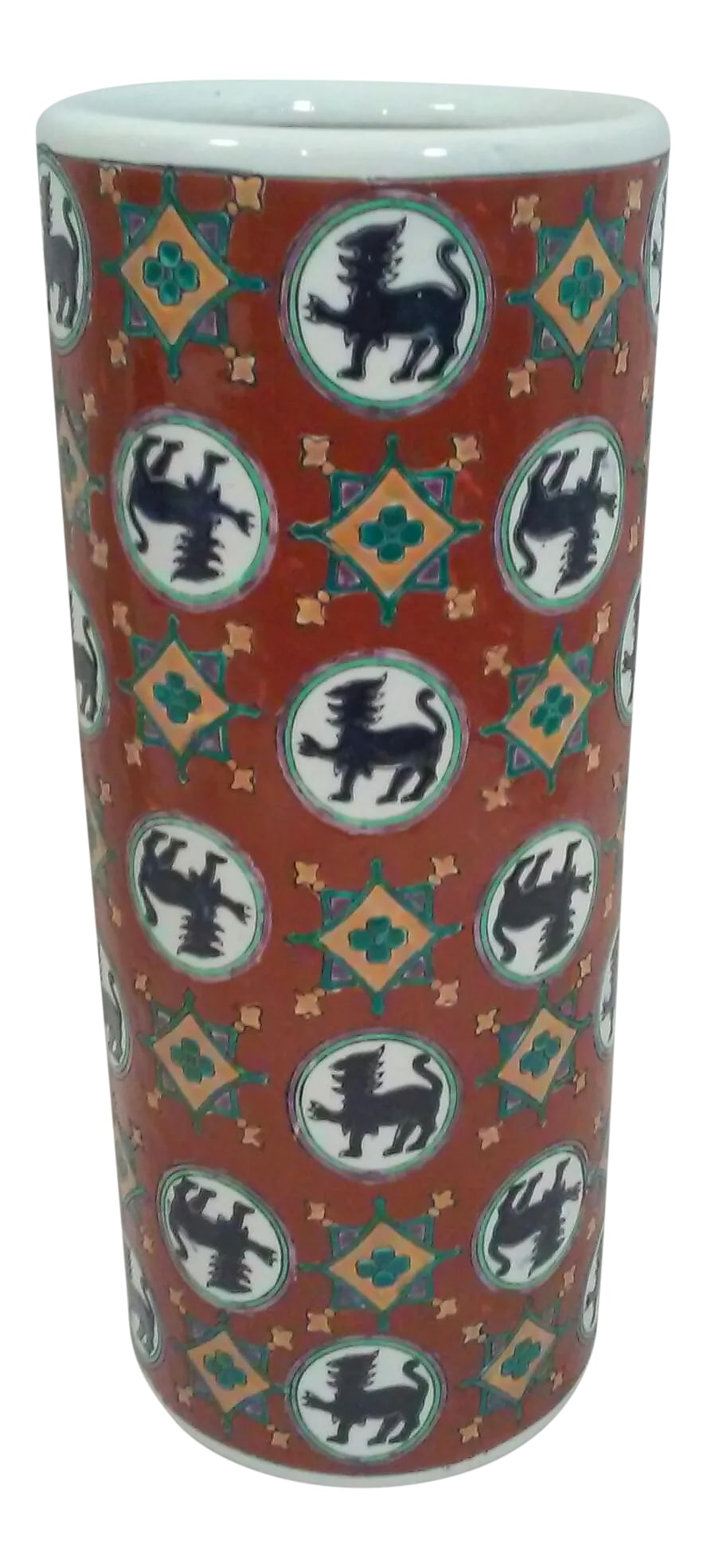 Chinoiserie Foo Dog Porcelain Vase: Final Markdown. A Chinoiserie umbrella stand decorated with an incised design featuring navy foo dogs. This Chinese Modern umbrella stand could also be used as a decorative vase. 14.25" H x 5.25"