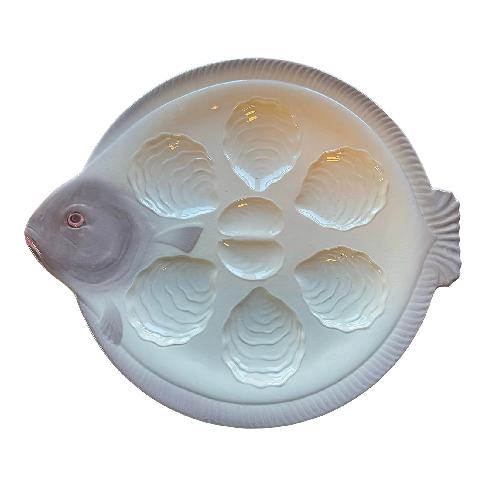 Antique Waechtersbach Pottery Fish Shaped Oyster Serving Plate: This is fantastic collector's plate from the well-known fish set by Waechtersbach Pottery. The fish is realistically crafted from glazed earthenware in creamy ivory and lavender tones and features
