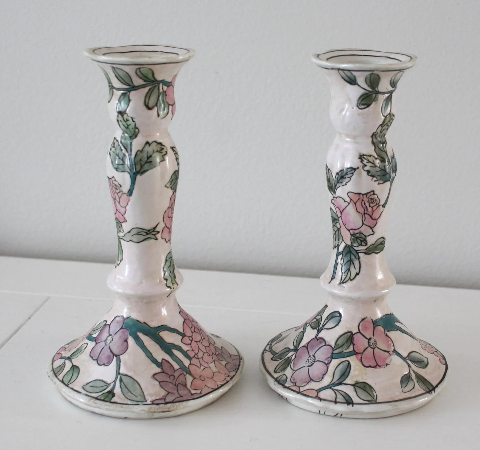 Vintage Famille Rose Floral Pink Candlesticks - a Pair - 12