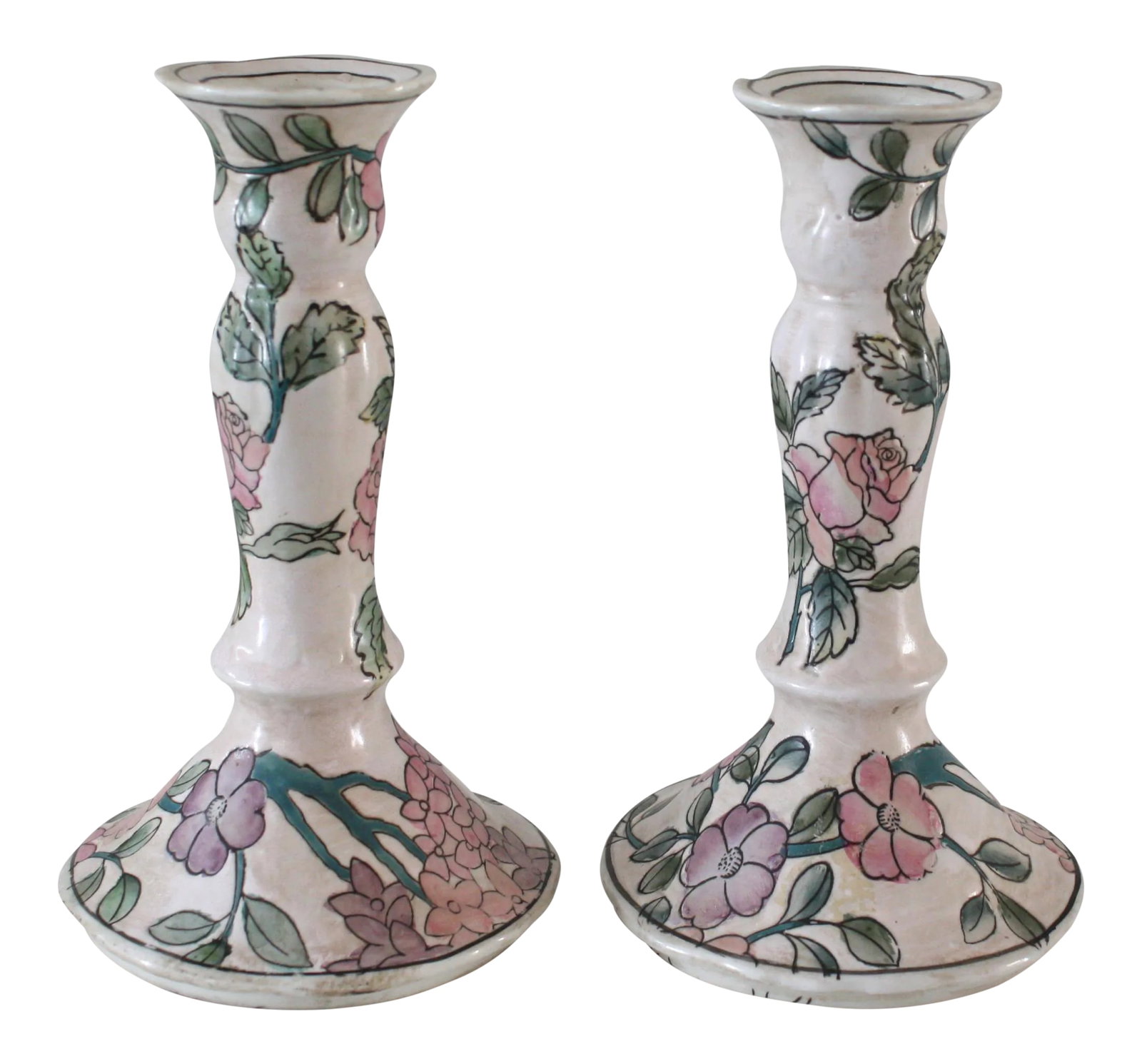 Vintage Famille Rose Floral Pink Candlesticks - a Pair: Pair of the loveliest vintage / antique, Famille Rose porcelain candlesticks. It's estimated these were produced in the early 20th century. Gorgeous, raised relief floral pattern in forest green,