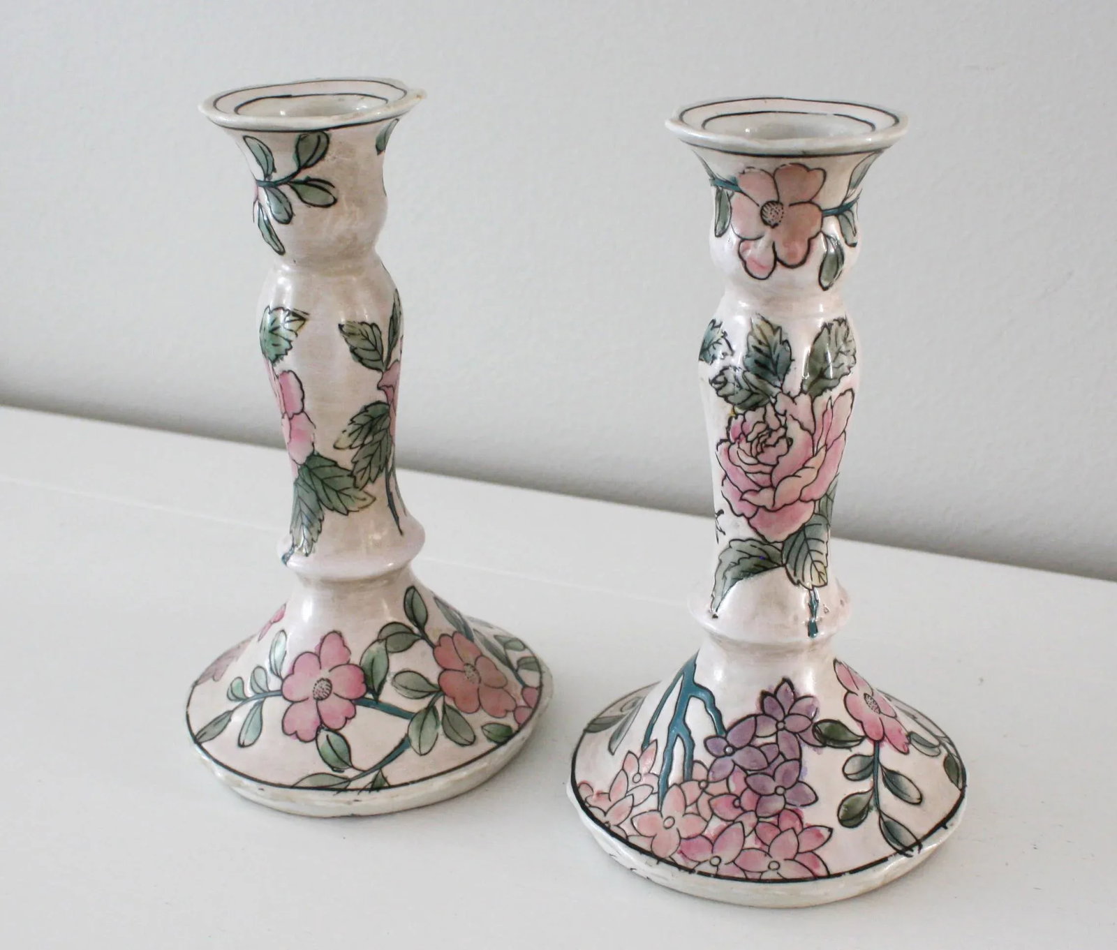 Vintage Famille Rose Floral Pink Candlesticks - a Pair - 2