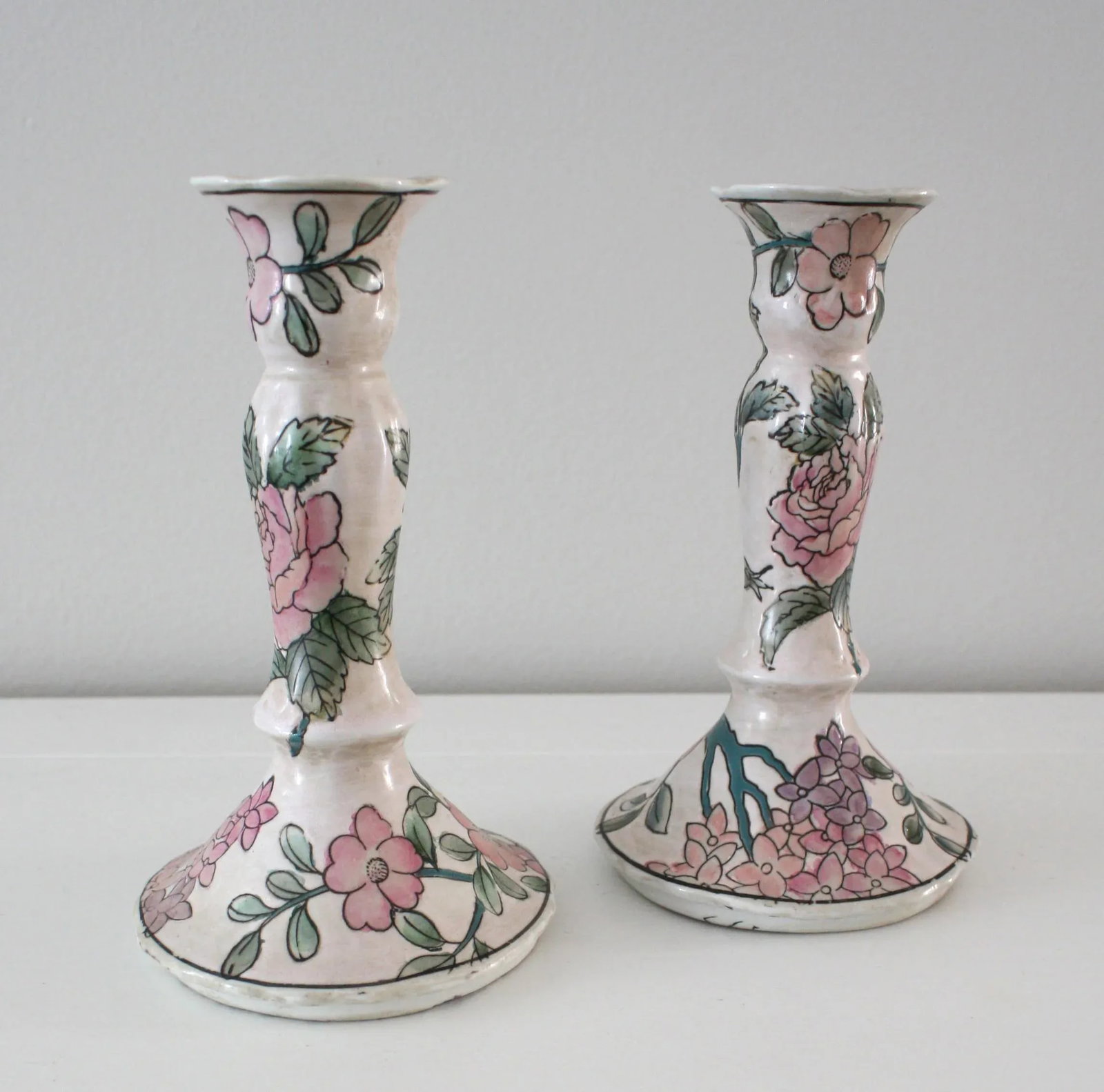 Vintage Famille Rose Floral Pink Candlesticks - a Pair - 3