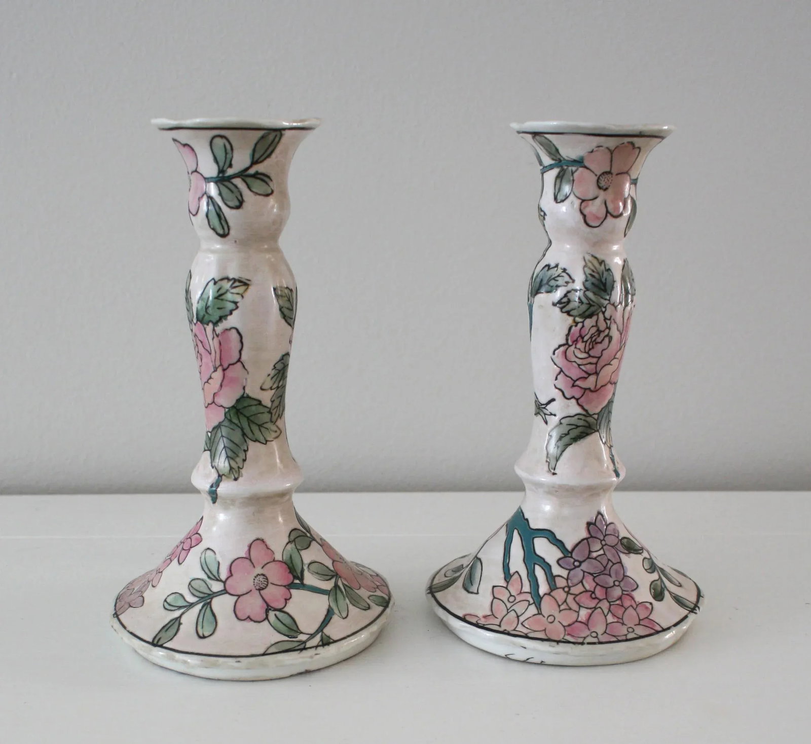 Vintage Famille Rose Floral Pink Candlesticks - a Pair - 4