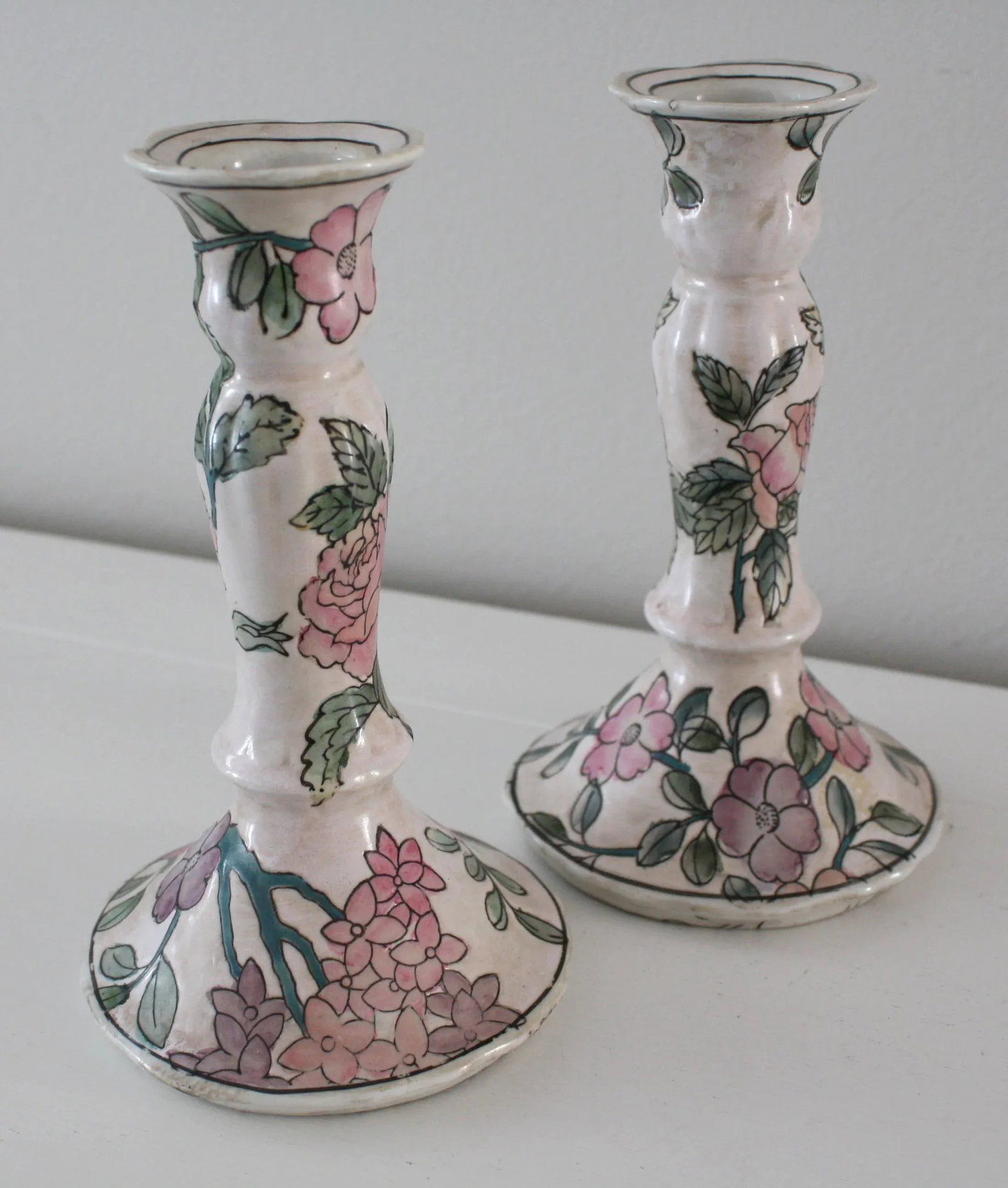Vintage Famille Rose Floral Pink Candlesticks - a Pair - 5