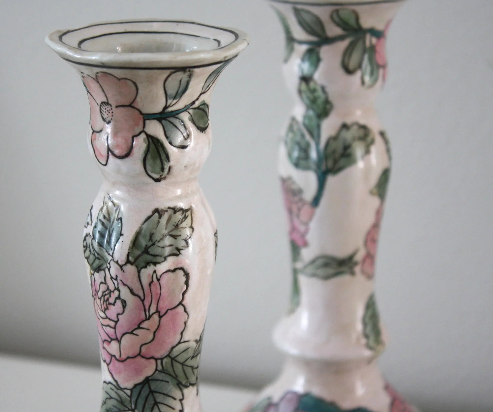 Vintage Famille Rose Floral Pink Candlesticks - a Pair - 6