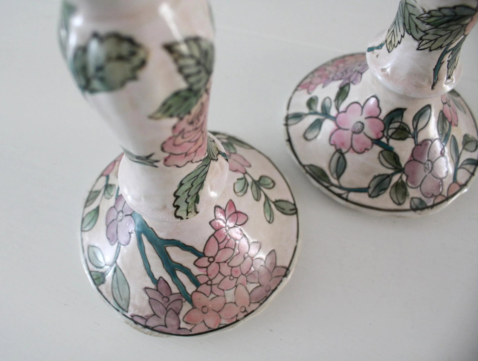 Vintage Famille Rose Floral Pink Candlesticks - a Pair - 7