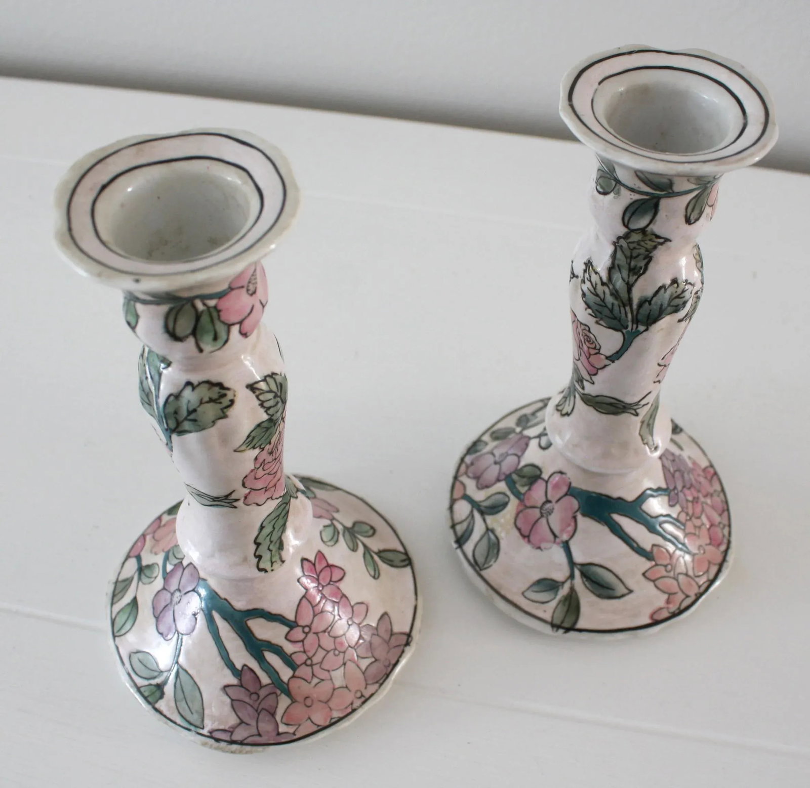 Vintage Famille Rose Floral Pink Candlesticks - a Pair - 8