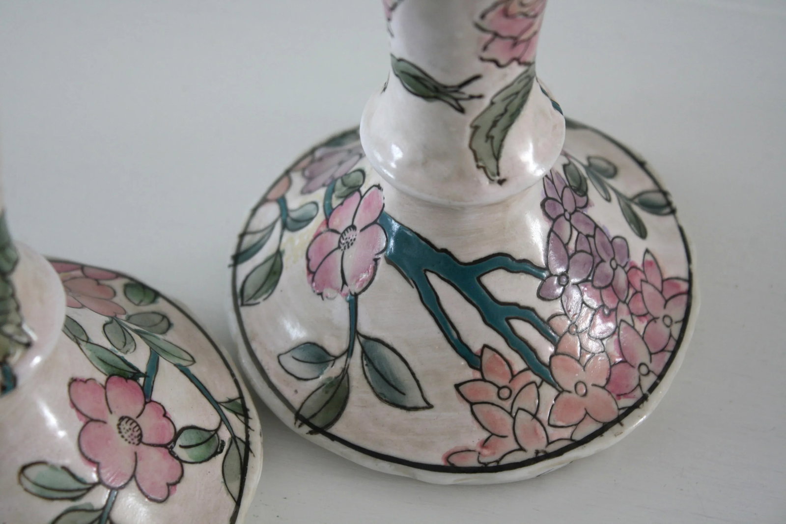 Vintage Famille Rose Floral Pink Candlesticks - a Pair - 9