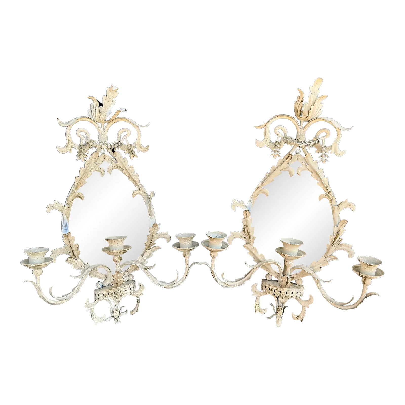 Antique Italian Tole Mirrored Wall Sconces - a Pair: Striking pair of antique three light Italian wall sconces with floral painted metal frames around distressed mirrors. Condition: Alterations: Original Condition Unaltered Imperfections: Some