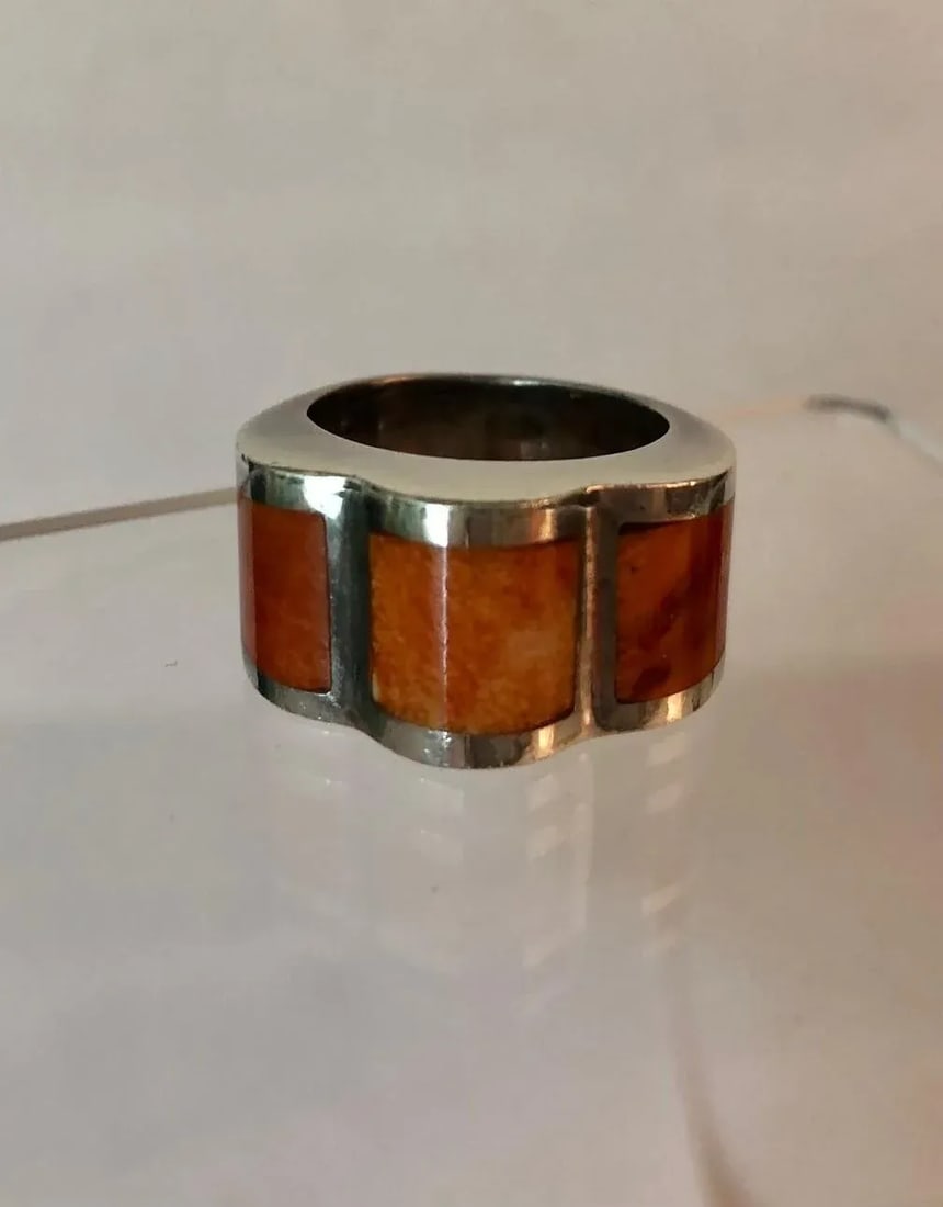 Peruvian Modernist Inlay Carnelian Agate and Sterling Ring Size 7 - 10