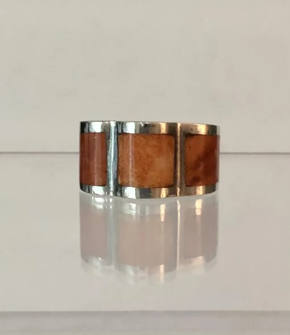 Peruvian Modernist Inlay Carnelian Agate and Sterling Ring Size 7 - 2