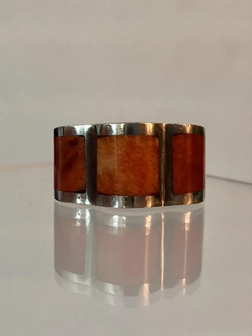 Peruvian Modernist Inlay Carnelian Agate and Sterling Ring Size 7 - 6