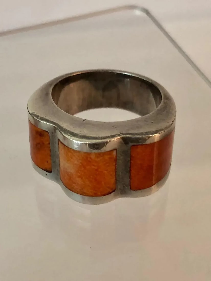 Peruvian Modernist Inlay Carnelian Agate and Sterling Ring Size 7 - 7