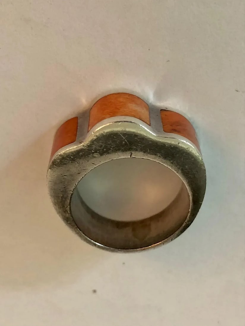 Peruvian Modernist Inlay Carnelian Agate and Sterling Ring Size 7 - 9