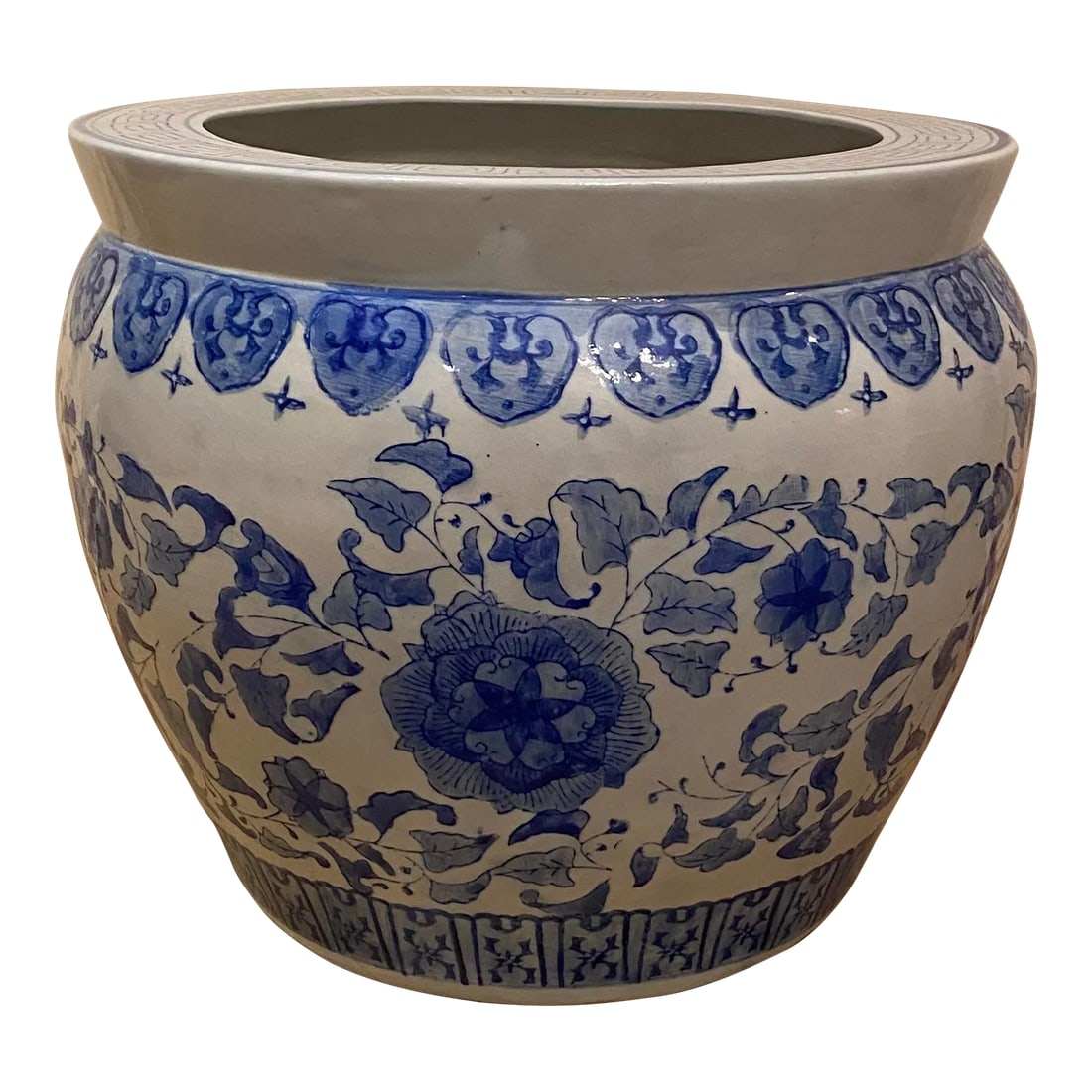 Vintage Chinese Ceramic Blue & White Fish Bowl Planter Floral Pot: Vintage Fish Bowl Ceramic Planter featuring Hand Painted Chinoiserie Style Floral Motifs and Trim in Blue on a White Background No chips nips or cracks on pot Condition: Alterations: Original