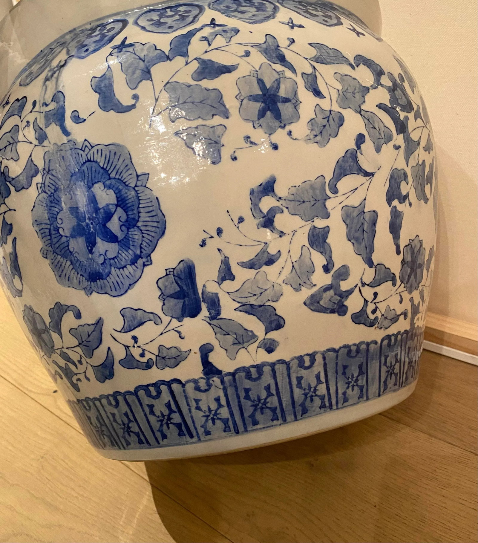 Vintage Chinese Ceramic Blue & White Fish Bowl Planter Floral Pot - 5