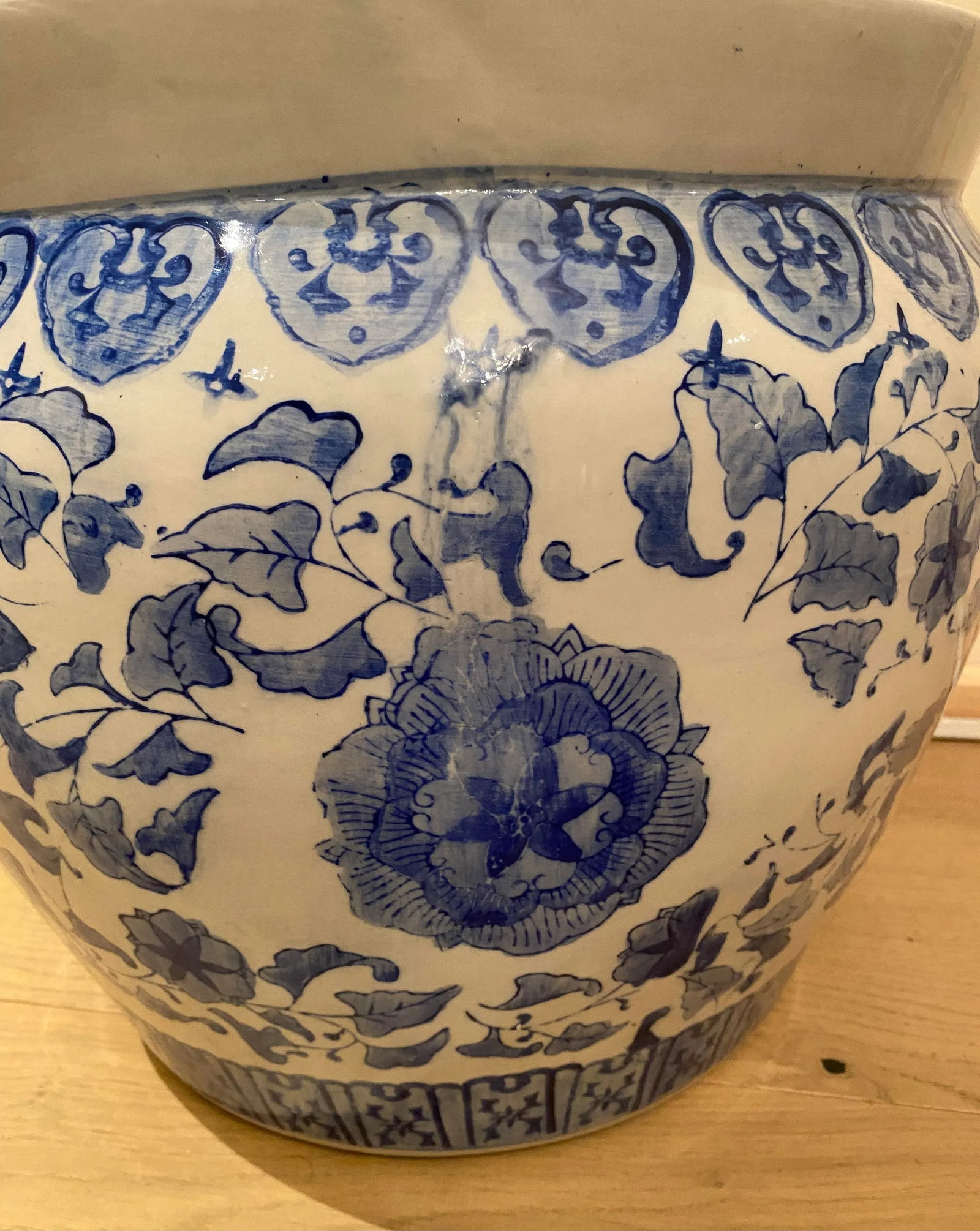 Vintage Chinese Ceramic Blue & White Fish Bowl Planter Floral Pot - 6
