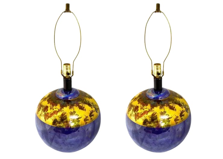 Pair Iridescent Blue Orb Table Lamps by Casual Lamps 1991: Elegant vintage table lamps with a gorgeous reflective, irredescent finish. Vibrant cobalt blue spherical body with wide gold band around top, Operates with 3 way knob on the socket. PRICE shown is