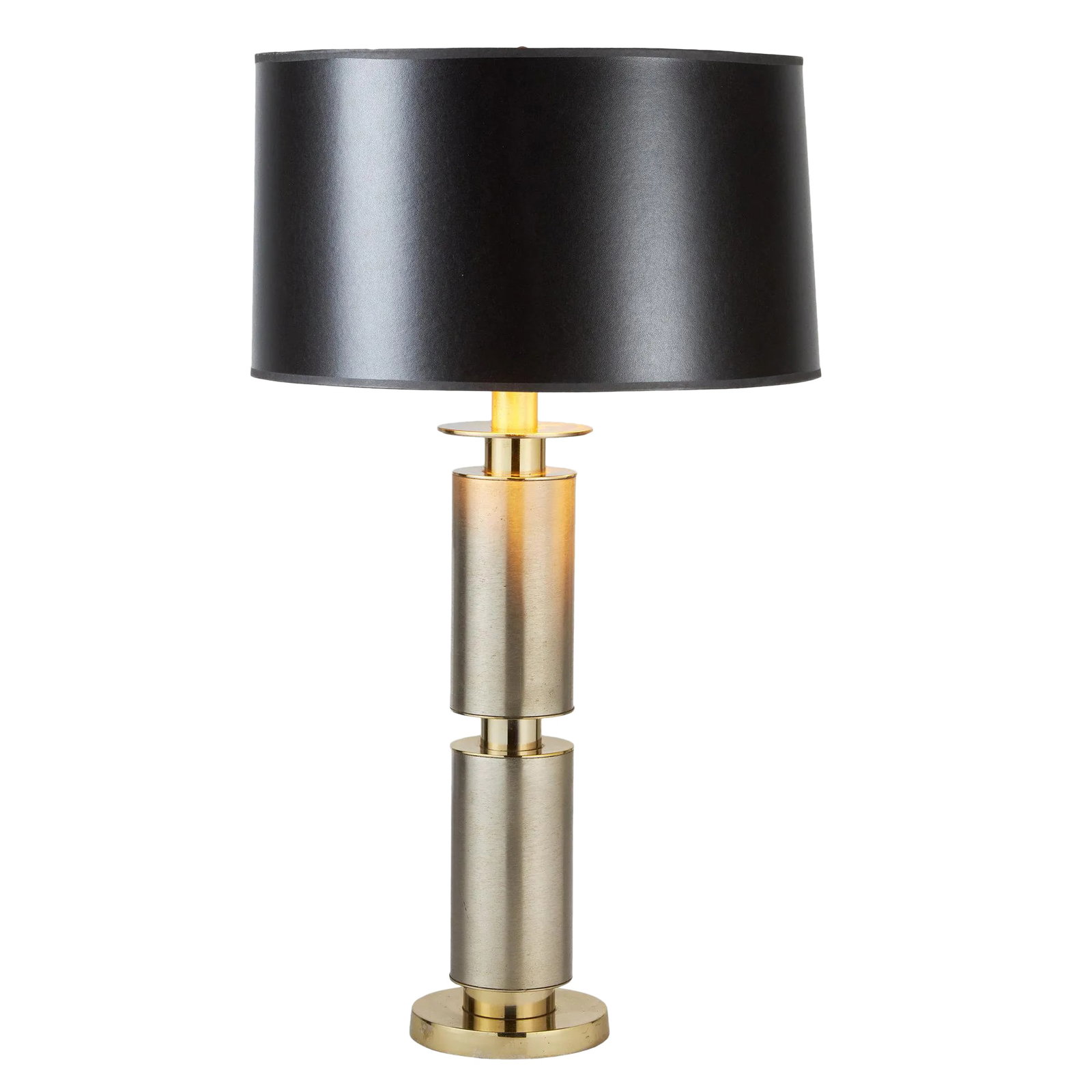 Laurel Lighting | Large Brushed Aluminum Table Lamp: Laurel Lighting Co., 1970, sleek, modernist stacked cylinders, totem-style lamp with brushed steel body and brass accents. CONDITION: Very good vintage condition. There is one small spot about .5